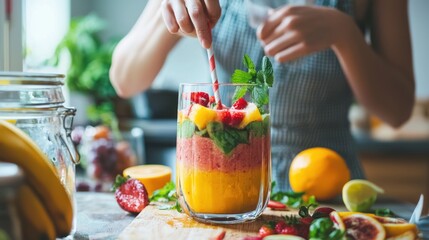 A cheerful person preparing a colorful smoothie with fruits and vegetables in a bright kitchen.