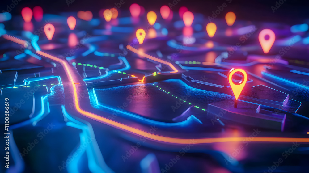 Poster colorful neon map with location pins and bright roads, ideal for navigation and mapping applications
