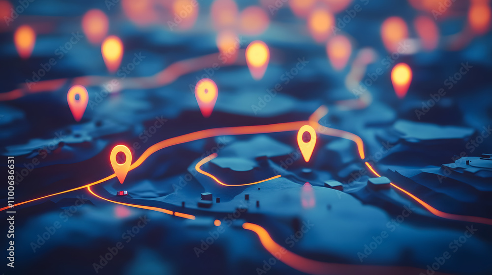 Poster futuristic map with bright location pins illuminating pathways across diverse terrain with deep blue