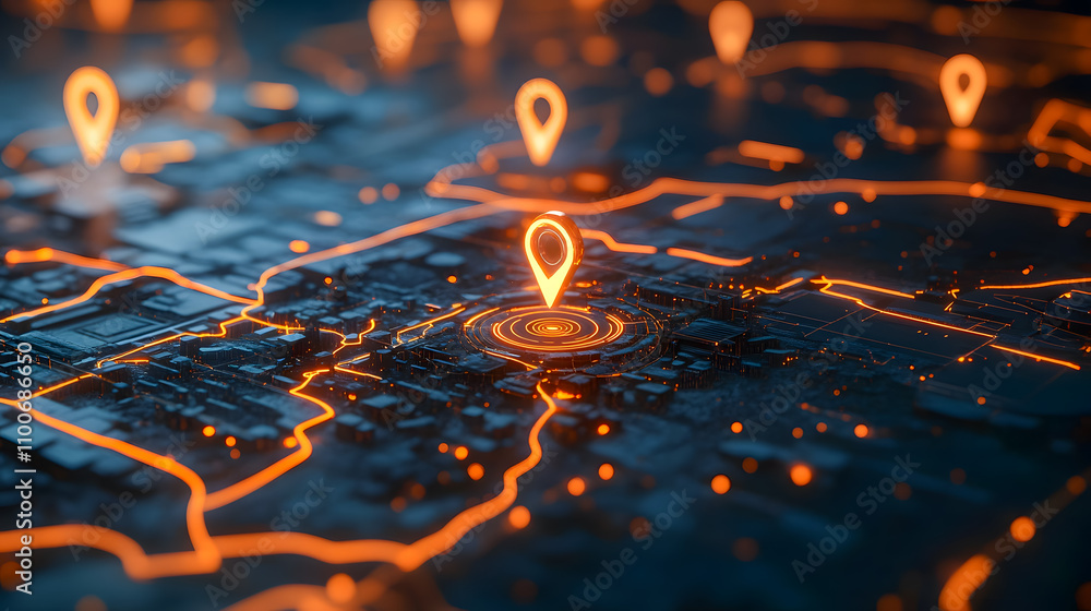 Poster futuristic city map with glowing location pins for advanced navigation and location-based technology