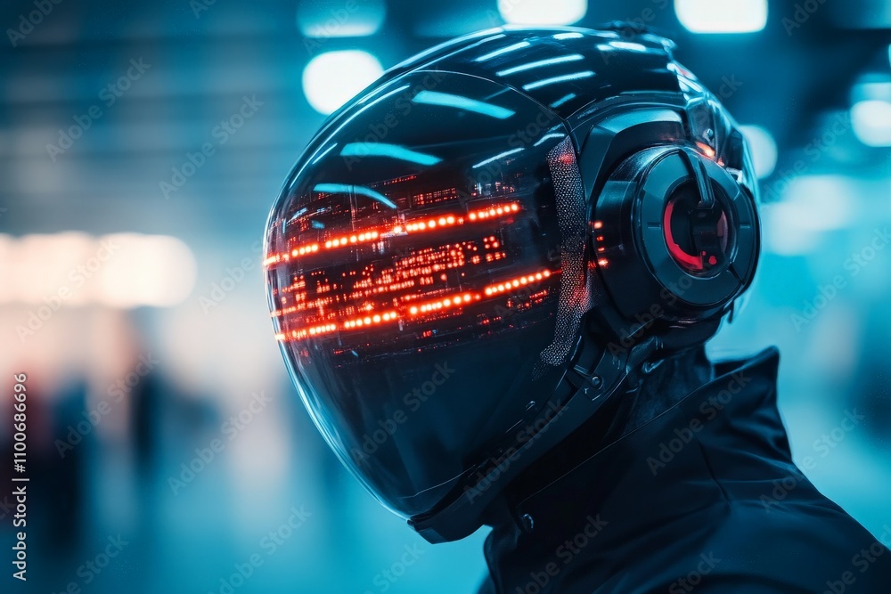 Poster a sleek futuristic helmet with red digital display lights, depicting advanced technology and innovat