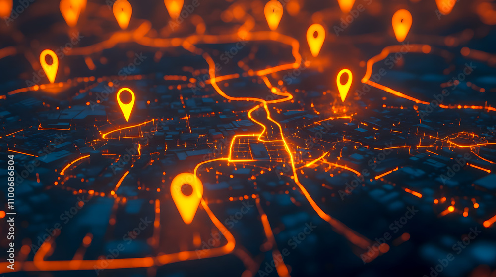 Aufkleber abstract representation of a city map with glowing location markers in orange tones, highlighting na