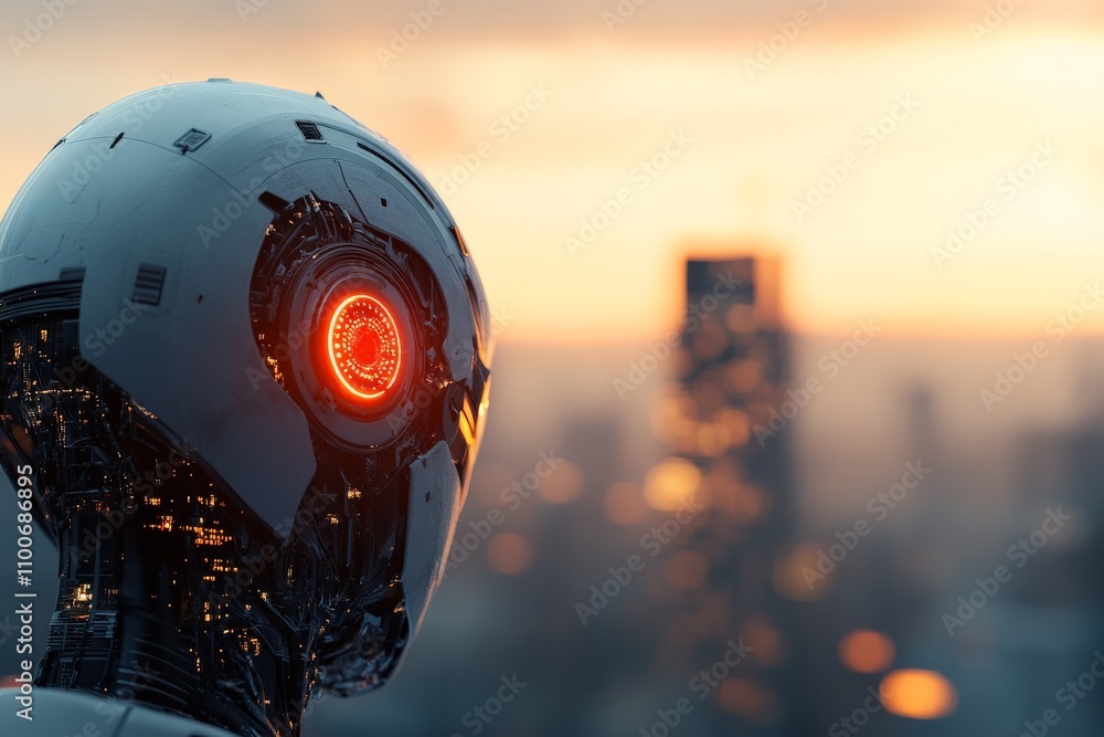 Poster a robotic figure with a vivid red interface looks over a city skyline at sunset. this scene evokes a