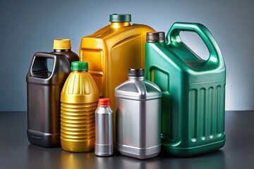 Obraz premium High-Quality Aerial Photography of Oil Gallon, Lubricant Bucket, and Engine Oil Bottle on Gray Isolated Background with Clipping Path for Automotive and Industrial Use
