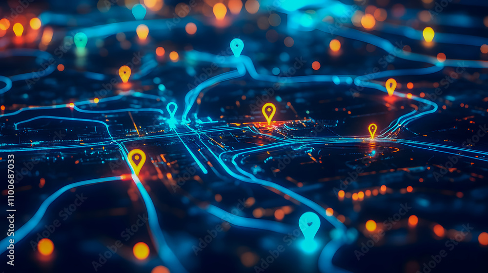 Poster abstract representation of a city map with glowing neon lights and location pins, showcasing connect