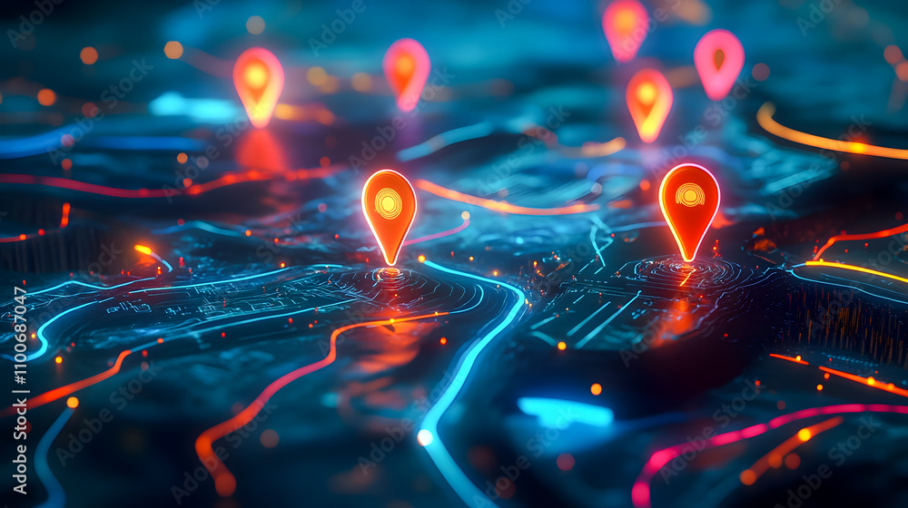 Poster digital map visualization with colorful location markers and glowing pathways in a futuristic networ