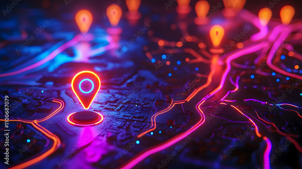 Poster vibrant neon map with glowing location pins and bright pathways in futuristic urban setting for digi