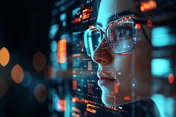 A woman wearing glasses gazes at a transparent digital interface filled with futuristic data and codes, symbolizing technology and innovation in modern society.
