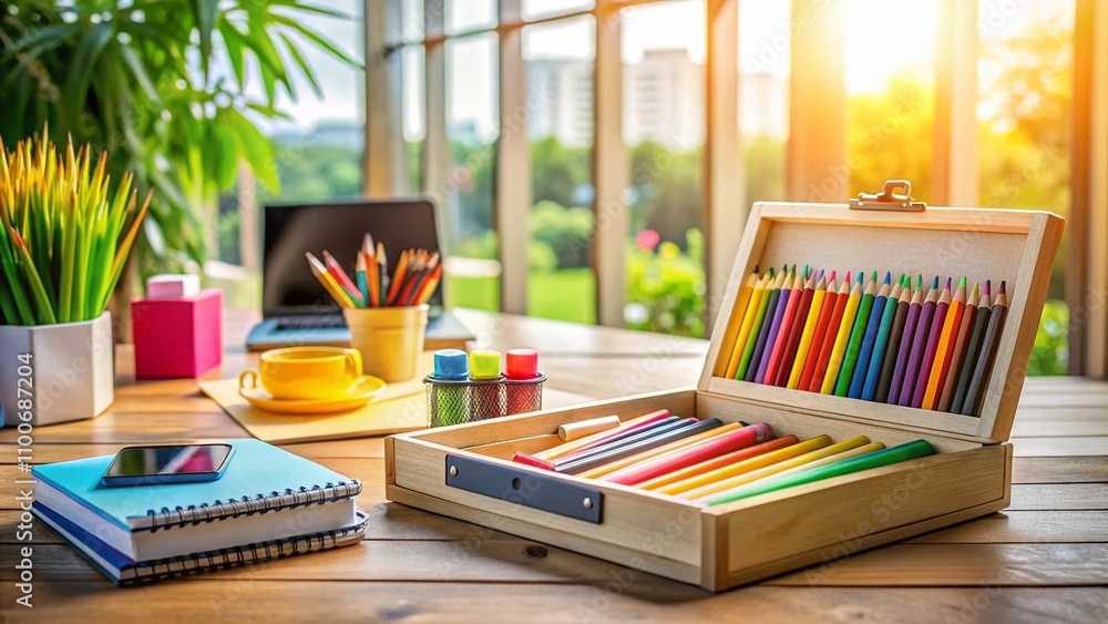 Poster high-quality pencil box with innovative design showcasing functionality and style in a creative work