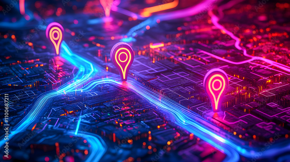 Poster vibrant neon map with location pins, digital cityscape, river, and illuminated pathways for navigati