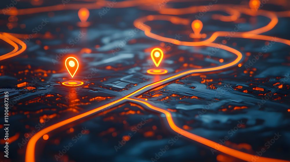 Poster digital map with bright navigation pins and glowing pathways for location tracking and geographical 