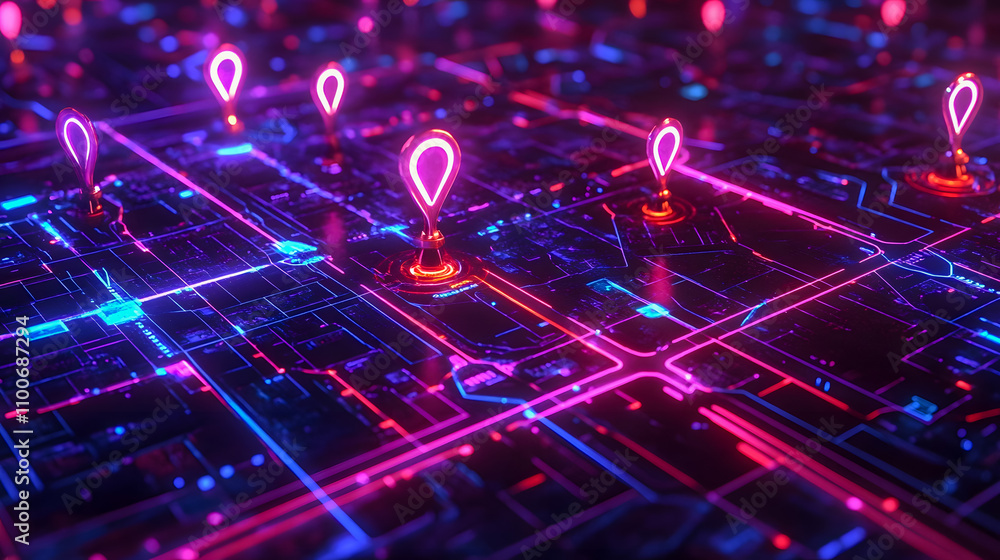 Poster digital city map with glowing markers and neon light effects showcasing technological innovation and