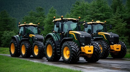 Obraz premium A lineup of vibrant green and yellow tractors sits on a quiet road alongside rustic brick buildings in a rural landscape