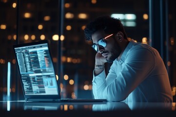A solitary man coding intensively at night on his laptop, the city lights glowing in the background, representing dedication, technology, and the relentlessness of modern progress.