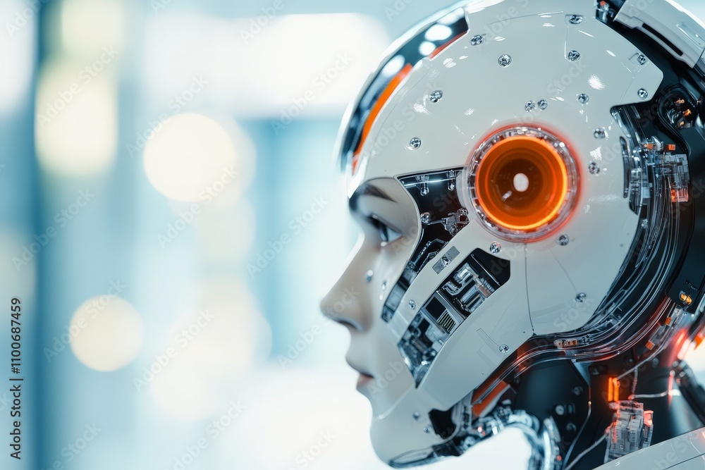 Poster a sleek, futuristic robot head with glowing orange elements is set against a soft blue background, h