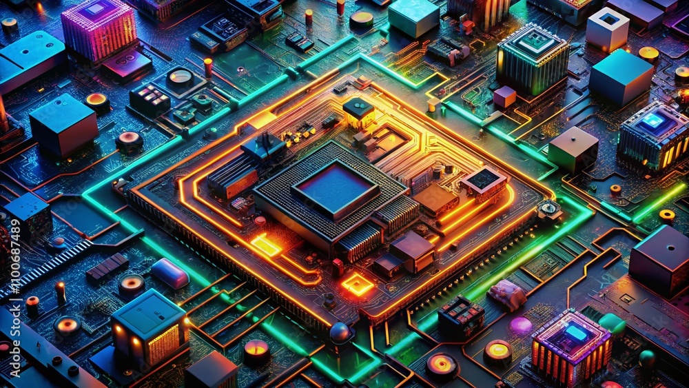 Poster high-resolution drone photography of an electronic circuit board with components, showcasing intrica