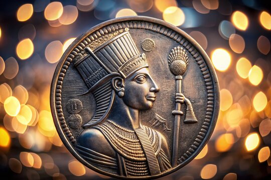 High-Relief Narmer Coin with Hieroglyphics in Bokeh Effect, Showcasing Ancient Egyptian Artistry and Cultural Heritage in Stunning Detail for Stock Photography