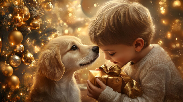 una imagen tierna y llena de cari&ntilde;o y amor donde un ni&ntilde;o y un perro estan disfrutando de la navidad el ni&ntilde;o entregando un regalo a su mascota a su perro con mucho amor en navidad