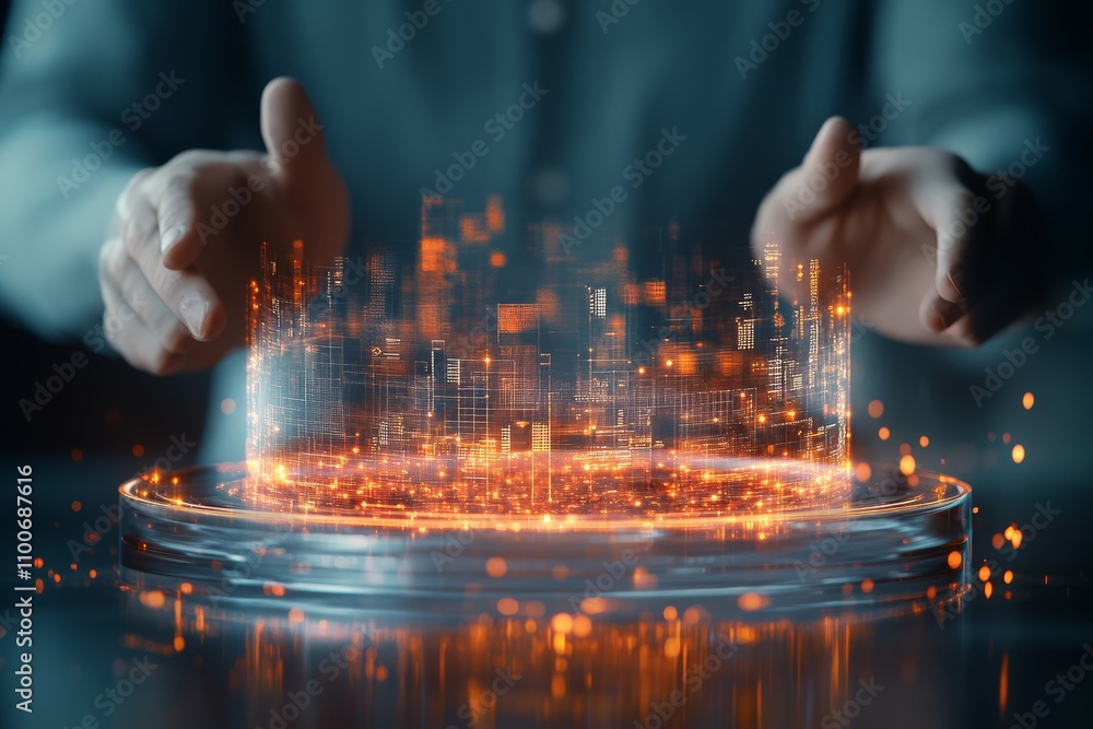 Poster futuristic hands interaction with a 3d holographic display of a cityscape, representing technology, 