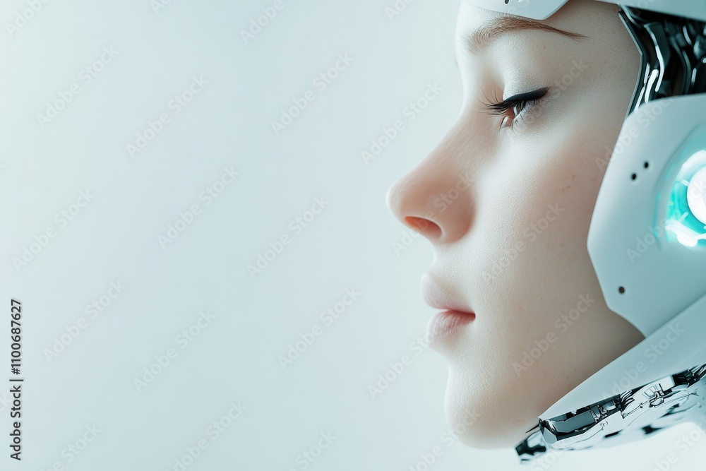 Poster close-up side profile of a humanoid robot, featuring intricate details and an expressionless face, r