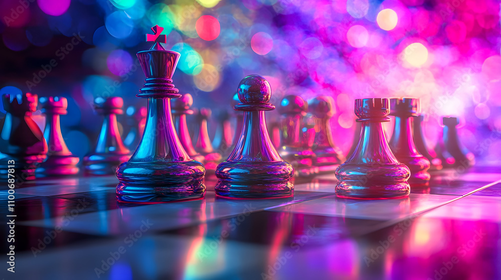 Poster vibrant abstract chessboard scene with glossy pieces and colorful lights creating a playful atmosphe