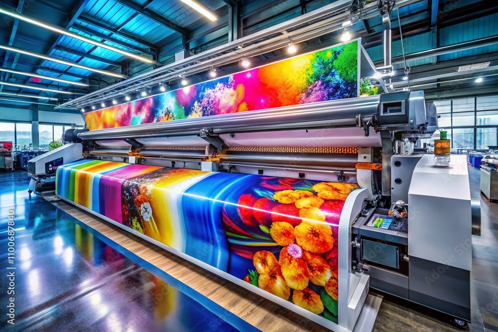 Poster high-tech large format printing machine in action showcasing industrial precision and advanced print