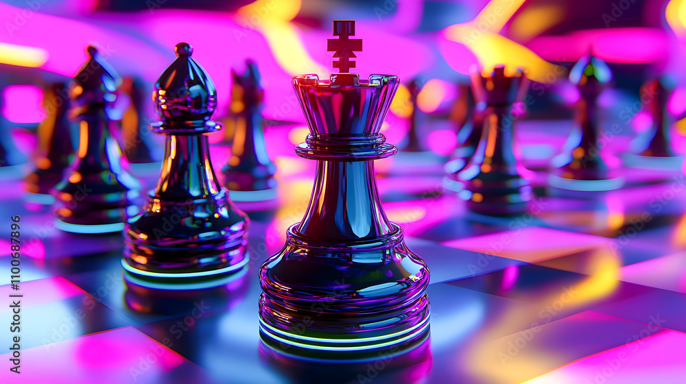Poster glossy chess pieces on colorful neon background with dynamic lighting creating a futuristic and arti