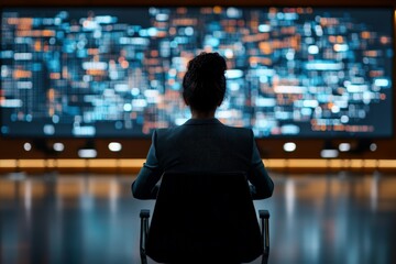 Fototapeta premium An individual sits before a large, illuminated screen displaying a complex array of data visualizations, symbolizing analysis, technology, and future trends in digital workspaces.