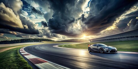 Obraz premium High-Speed Racing Car on Curved Track Beneath Dramatic Cloudy Sky Captured in Stunning Fashion Photography Style with Post-Processed Generative AI Effects
