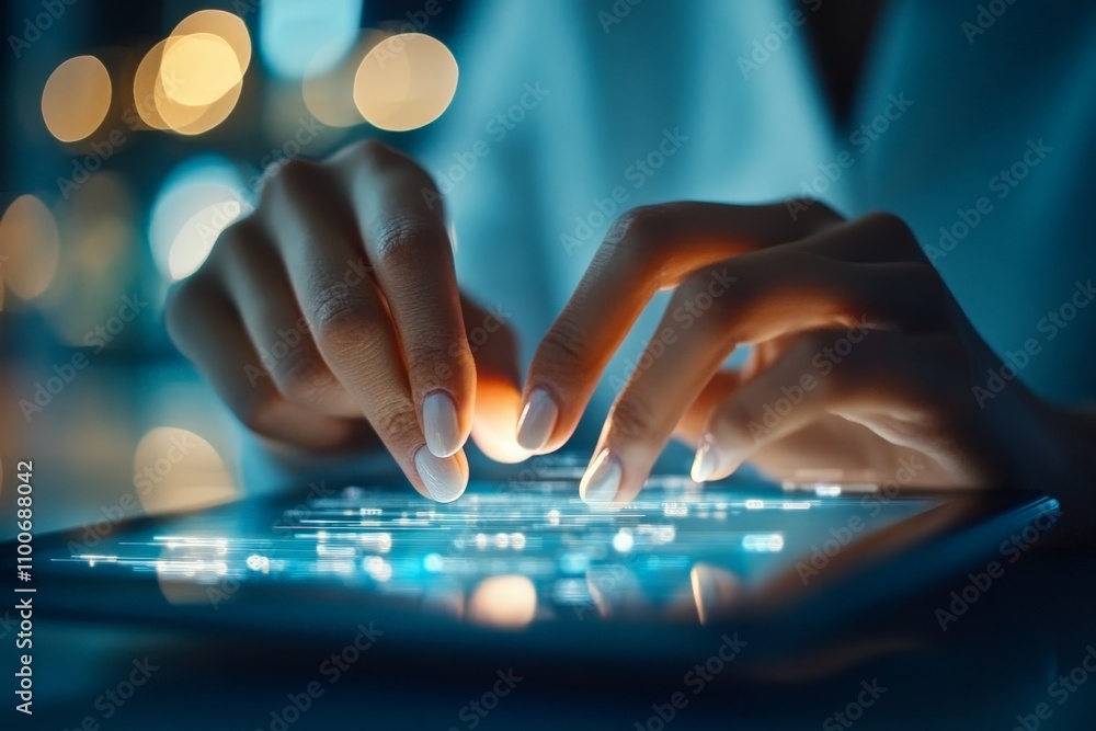Poster close-up of hands interacting with a digital device, suggesting innovation and connectivity, with a 