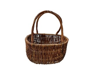 Obraz premium The white background in the picture is a brown rattan basket with two handles, used for kitchen work or various purposes. It is a detailed, dense, and durable weave with beautiful, natural colors.