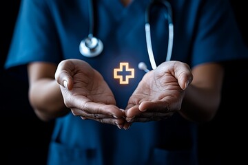 A healthcare worker in scrubs gently presenting a glowing cross symbol between open palms, representing care, health services, and medical support.