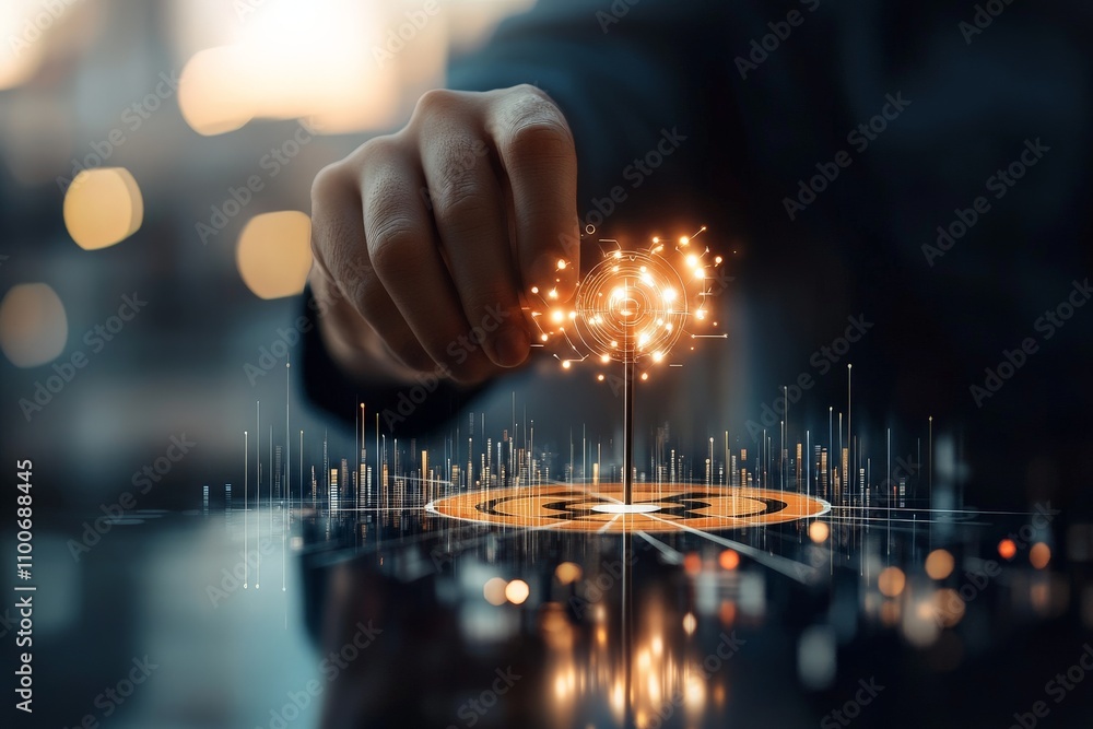 Poster a hand reaches towards a digital interface displaying a glowing bitcoin symbol, symbolizing the inte