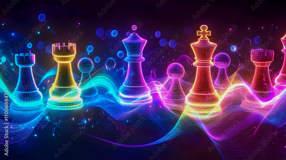 Poster vibrant neon chess pieces in abstract digital art design with colorful waves and glowing lights crea