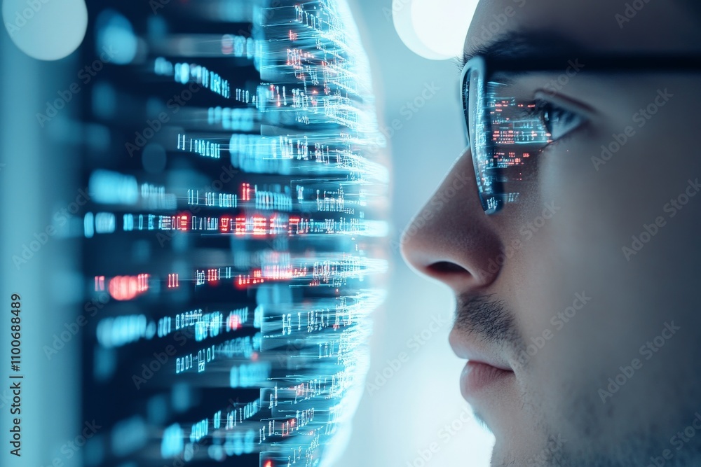 Poster a close-up side profile captures a man thoughtfully examining a futuristic digital data display with