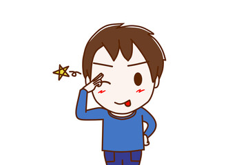 （上半身正面）ウインクしながらぺろっと舌を出し陽気に笑顔で挨拶する少年