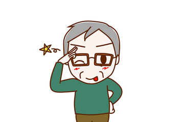 （上半身正面）ウインクしながらぺろっと舌を出し陽気に笑顔で挨拶する高齢の男性