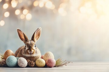 A cute rabbit sits amidst a variety of colorful, speckled Easter eggs on a rustic wooden surface with a blurred, glowing background. Celebrates Easter themes.