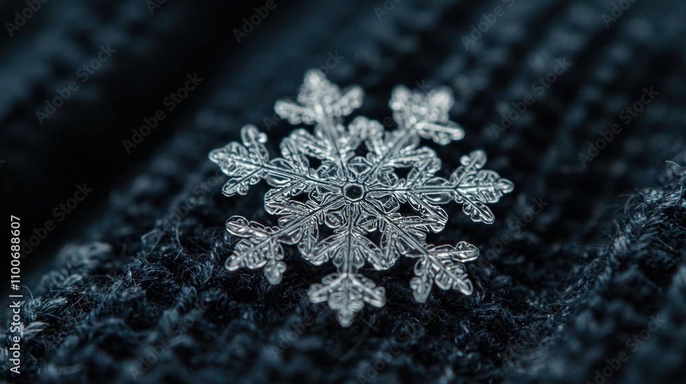 Poster a close-up of a delicate, symmetrical snowflake resting on a dark fabric, highlighting its intricate