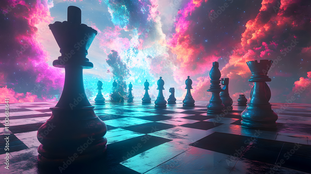 Poster enigmatic cosmic chess game with colorful nebula in background and reflected board surface creating 