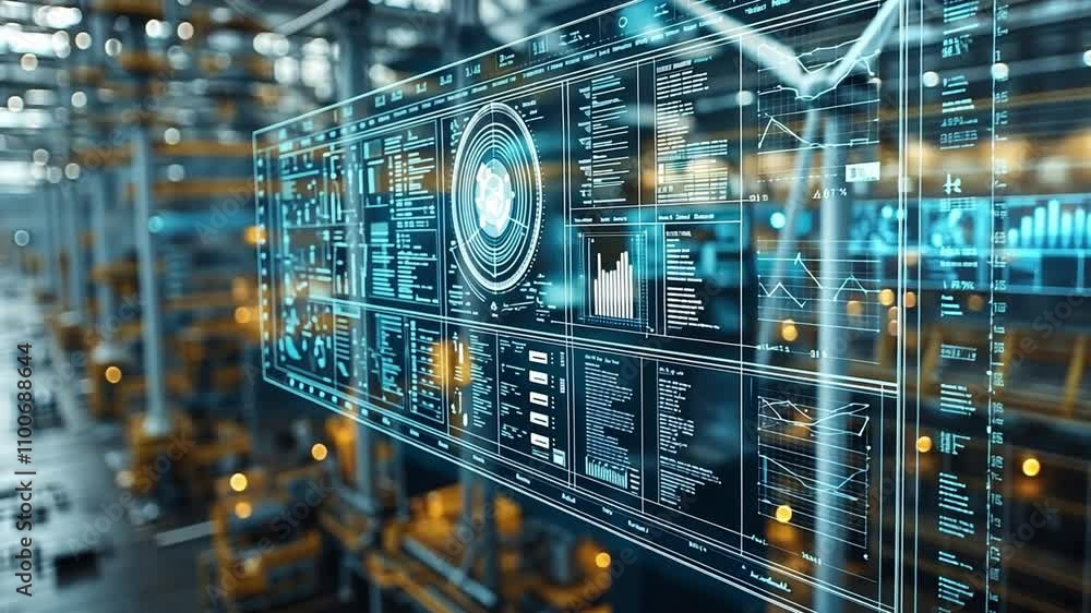 Poster advanced digital display showcasing data analytics in a modern industrial facility