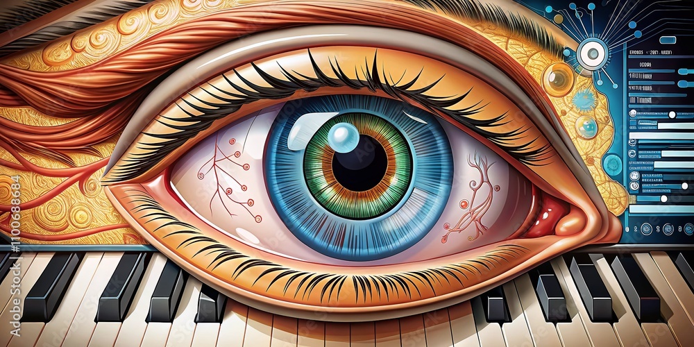 Poster human eye anatomy with keyboard update, featuring left position main subject and ample copy space fo
