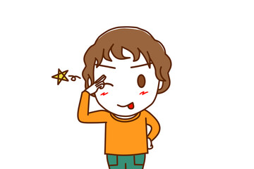 （上半身正面）ウインクしながらぺろっと舌を出し陽気に笑顔で挨拶する白人少年