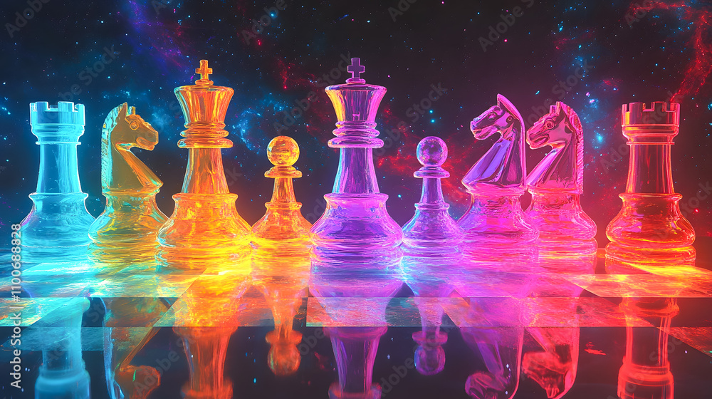 Poster vibrant and colorful chess pieces on a cosmic background creating a stunning visual of strategy and 