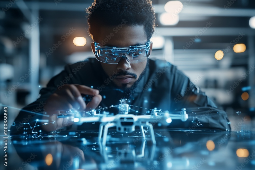 Poster a focused man interacts with a technology hologram display within an advanced research lab, symboliz