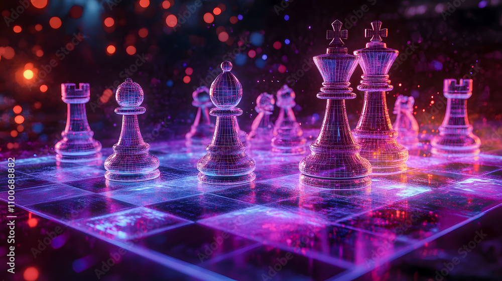 Poster futuristic chess game with neon lights and glowing pieces on digital chessboard in vivid colors for 