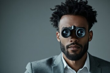 Obraz premium A professional man in a suit uses binoculars to gaze into the distance, embodying foresight, exploration, and the pursuit of future opportunities or adventures.
