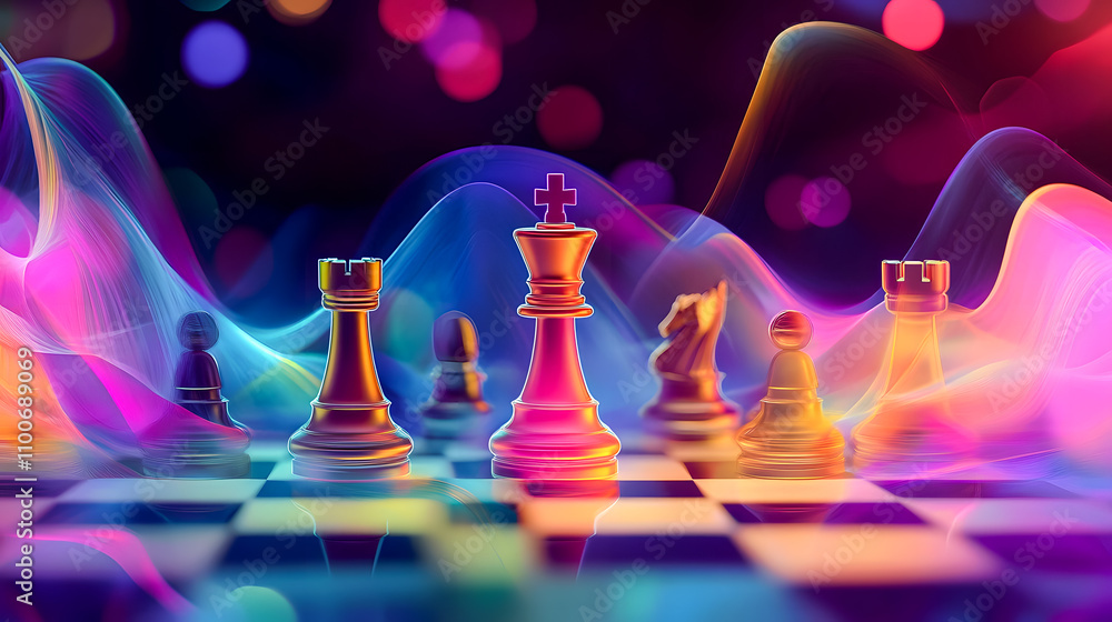 Poster colorful chess pieces on a vibrant abstract background with bokeh lights and a glossy checkered boar