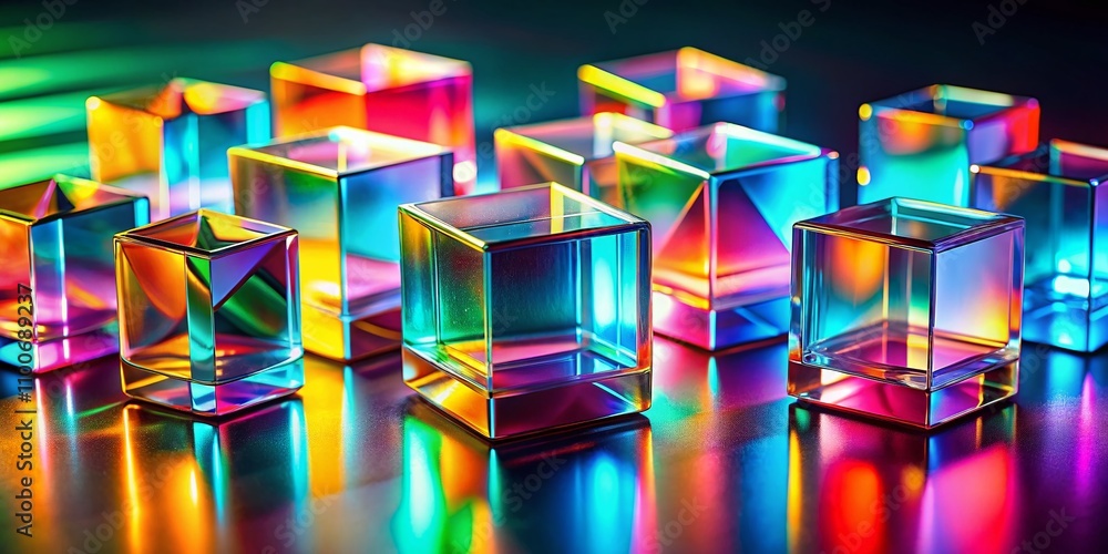 Poster illuminated colorful glass cubes with light diffraction and reflection in a complex background, perf
