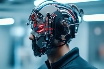 An individual wearing a high-tech cybernetic helmet with illuminated elements stands in an industrial environment, creating a futuristic and sci-fi atmosphere.